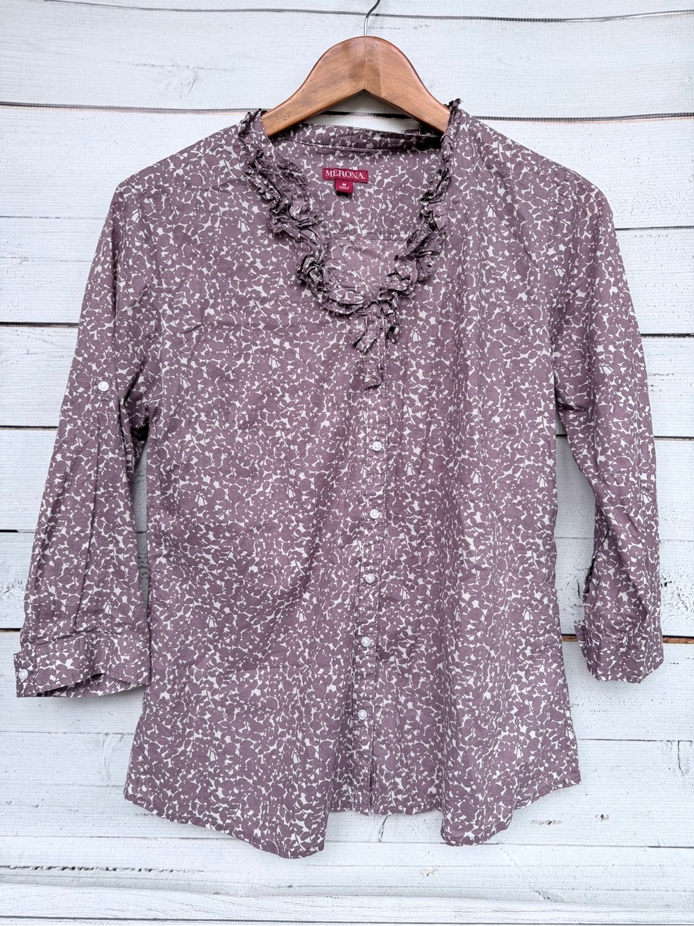 Merona Ruffle V-Neck Roll-Tab Sleeve Floral Print Blouse - Size Medium